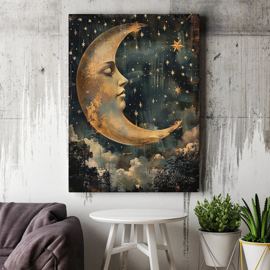 Crescent Moon Wall Art | Vintage Celestial Face Print | Premium 1.25-Inch Gallery Wrapped Canvas | Mystical Decor for Bedroom or Living Room