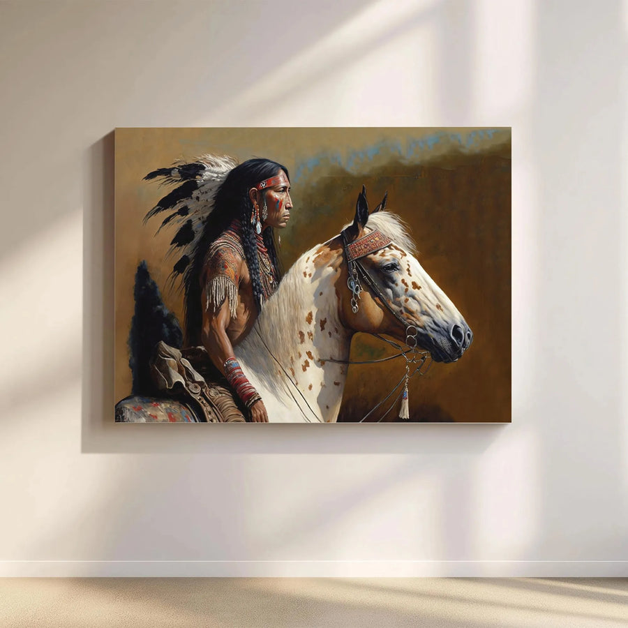 Native American Chief Wall Art | Appaloosa Horse Oil Painting Style | 1.25-Inch Gallery Wrap Canvas | Western Home Decor Gift