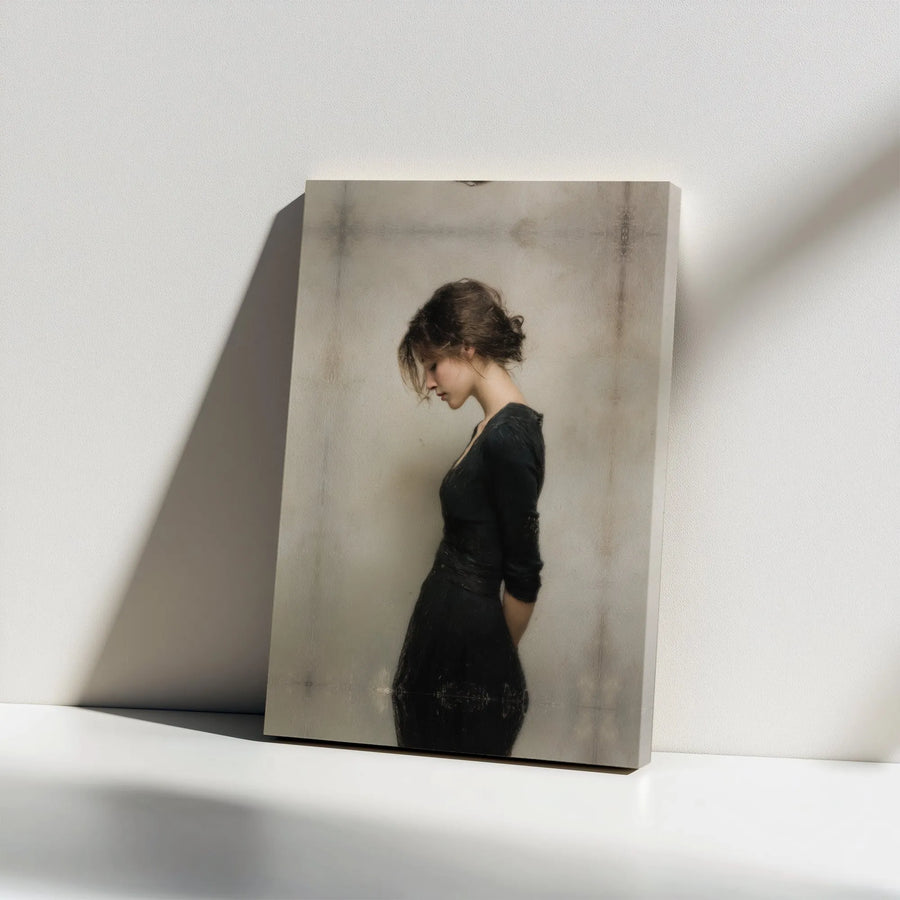 Melancholy Woman Portrait Canvas | Moody Figurative Oil Painting Style | Premium Gallery Wrap 1.25" Profile | Elegant Fine Art for Home Decor