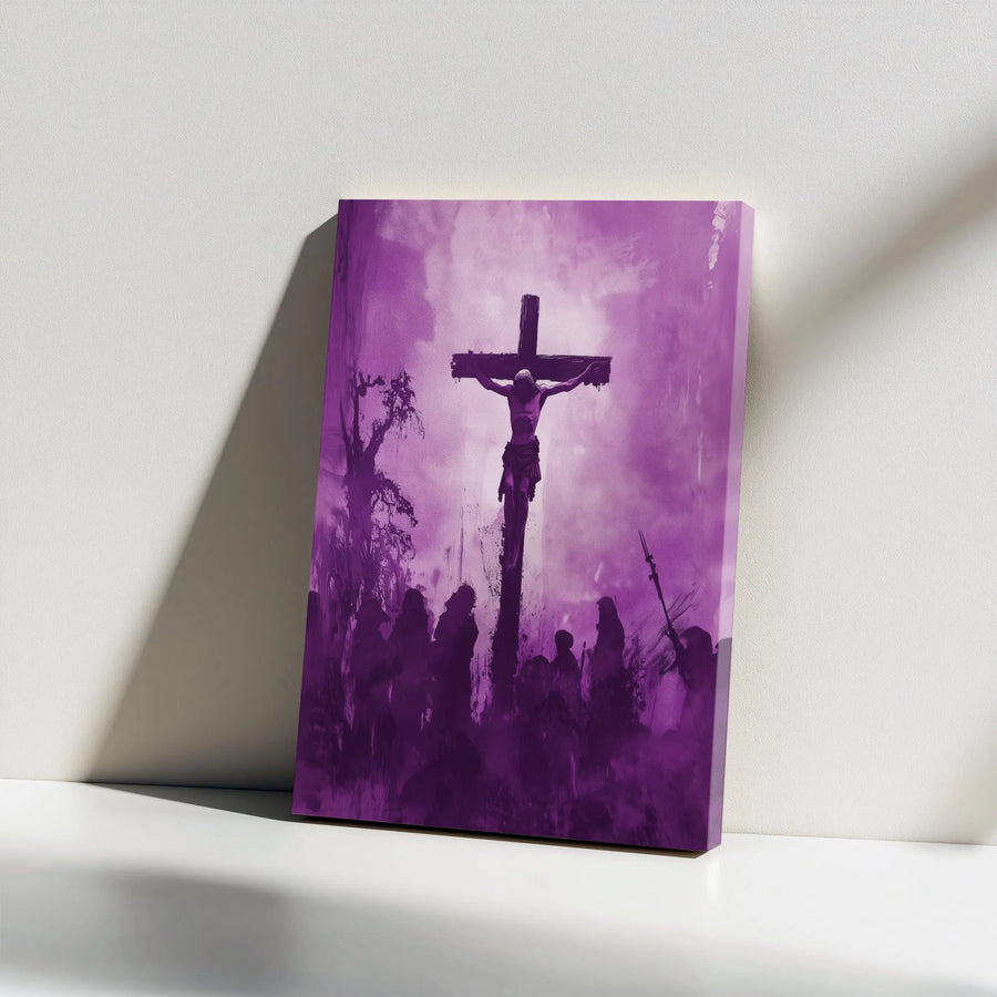 Crucifixion Canvas Wall Art | Dramatic Purple Toned Scene | Premium Gallery Wrapped Canvas | Spiritual Home Decor Gift