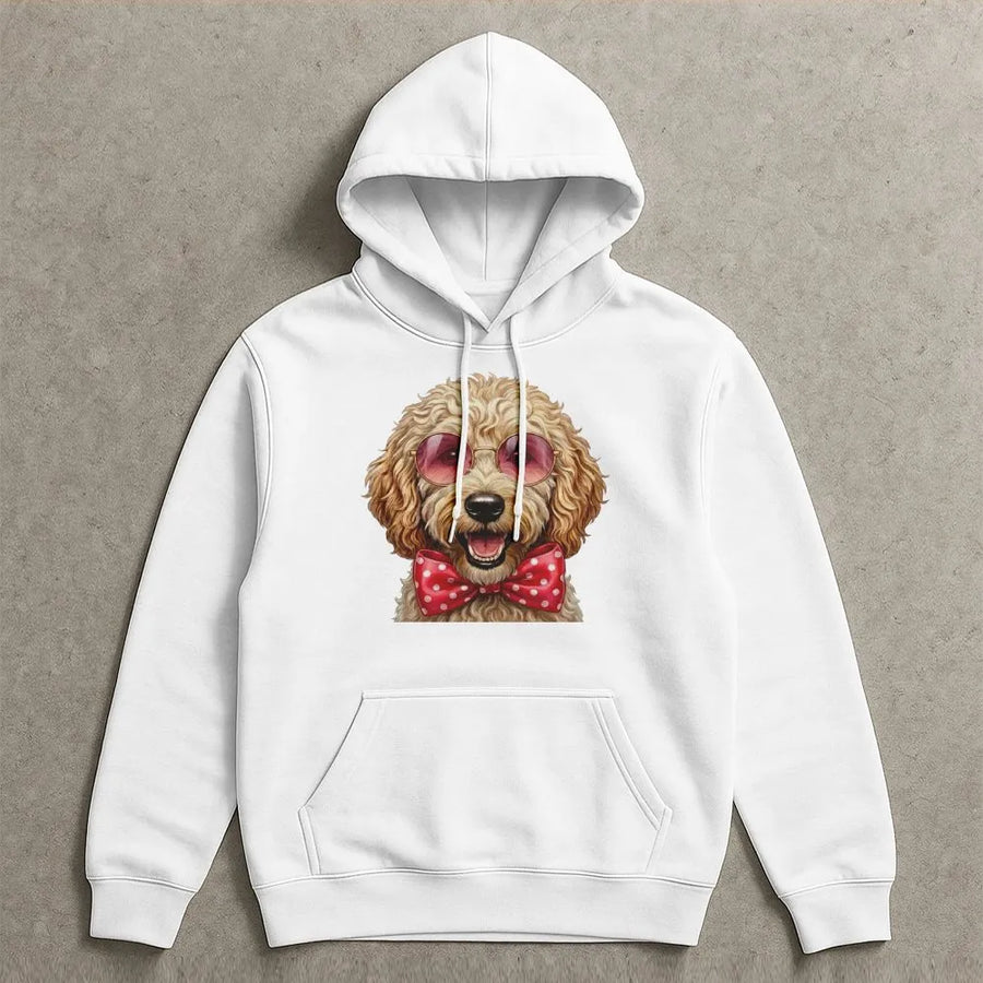 Goldendoodle Hoodie | Cute Dog Wearing Sunglasses and Polka Dot Bow Tie | Premium Cotton Blend Sweatshirt | Doodle Mom Dog Lover Gift