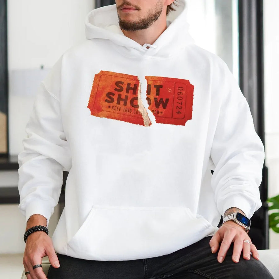 Shit Show Ticket Graphic Hoodie | Distressed Ripped Ticket Design | Premium Soft Cotton Blend | Sarcastic Funny Gift for Concert Lovers