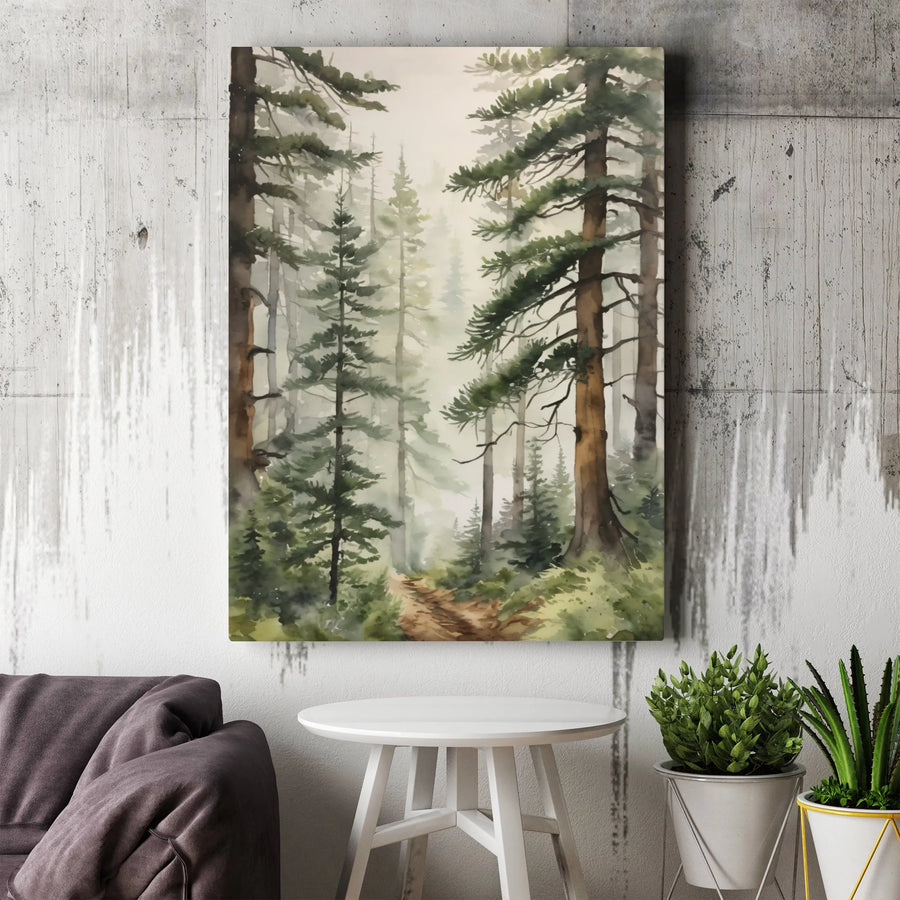 Misty Pine Forest Canvas Art | Watercolor Hiking Trail Landscape | Premium Gallery Wrapped Wall Decor | Nature Lover Gift