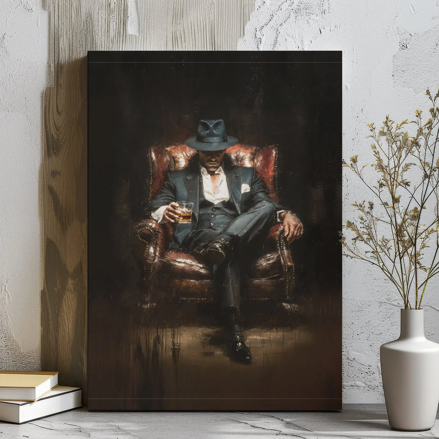 Man in Fedora Whiskey Painting Canvas | Sophisticated Gentleman Wall Art | 1.25-Inch Gallery Wrap | Premium Decor for Home Office