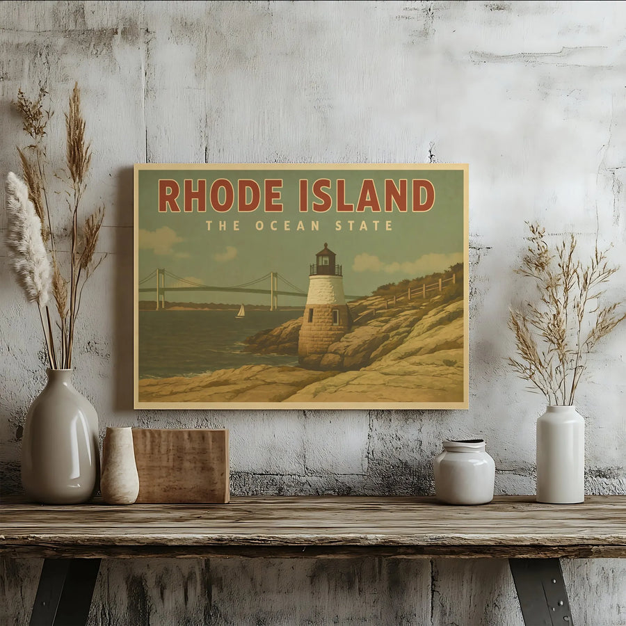 Rhode Island Wall Art Canvas | Vintage Lighthouse & Bridge Illustration | Premium 1.25" Gallery Wrap | Coastal Decor Gift for Ocean Lovers