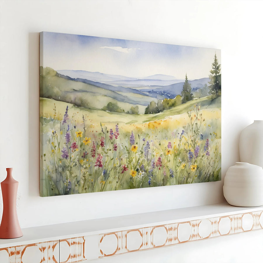 Watercolor Wildflower Canvas Art | Mountain Meadow Landscape Painting | Premium Fade-Resistant Print | Rustic Farmhouse Wall Decor Gift