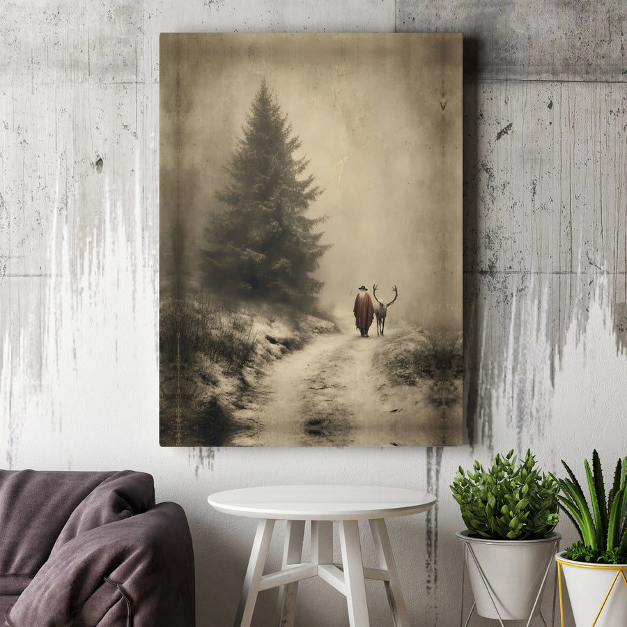 Vintage Winter Forest Canvas Art | Man in Red Cloak with Deer Silhouette | Premium 1.25 Inch Gallery Wrap | Seasonal Nature Wall Decor