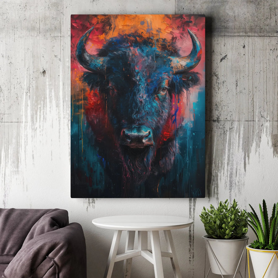 Abstract Bison Canvas Wall Art | Colorful Wildlife Animal Portrait | Premium Gallery-Wrapped Print | Modern Lodge or Office Decor Gift