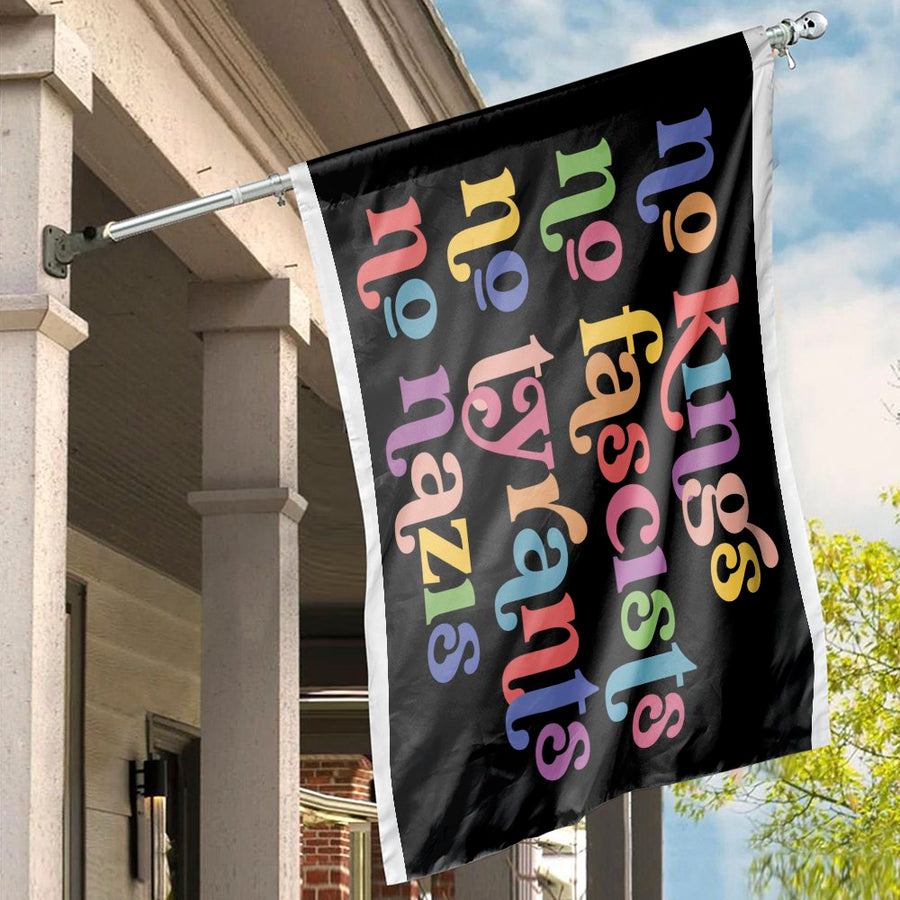 No Kings No Fascists House Flag | Colorful Retro Text Banner | Durable Weather-Resistant Polyester | Activist Home Decor Gift