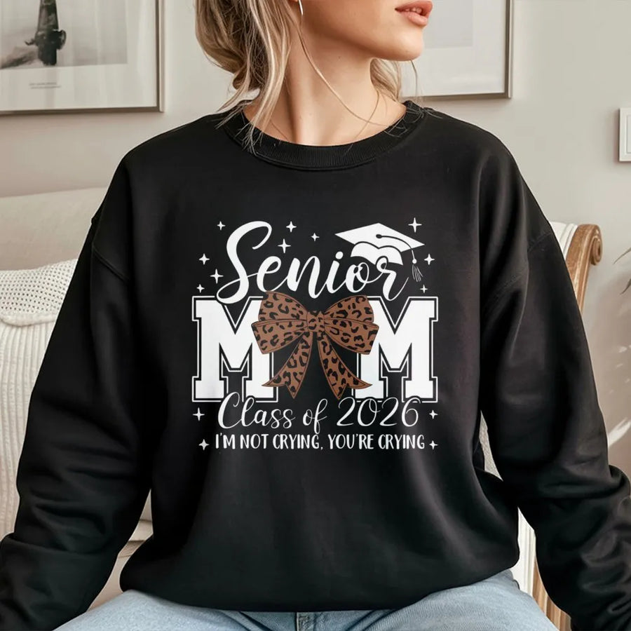 Senior Mom 2026 Sweatshirt | Leopard Bow Graphic Graduation Apparel | Premium Cotton-Poly Blend | Proud Graduation Gift For Mom