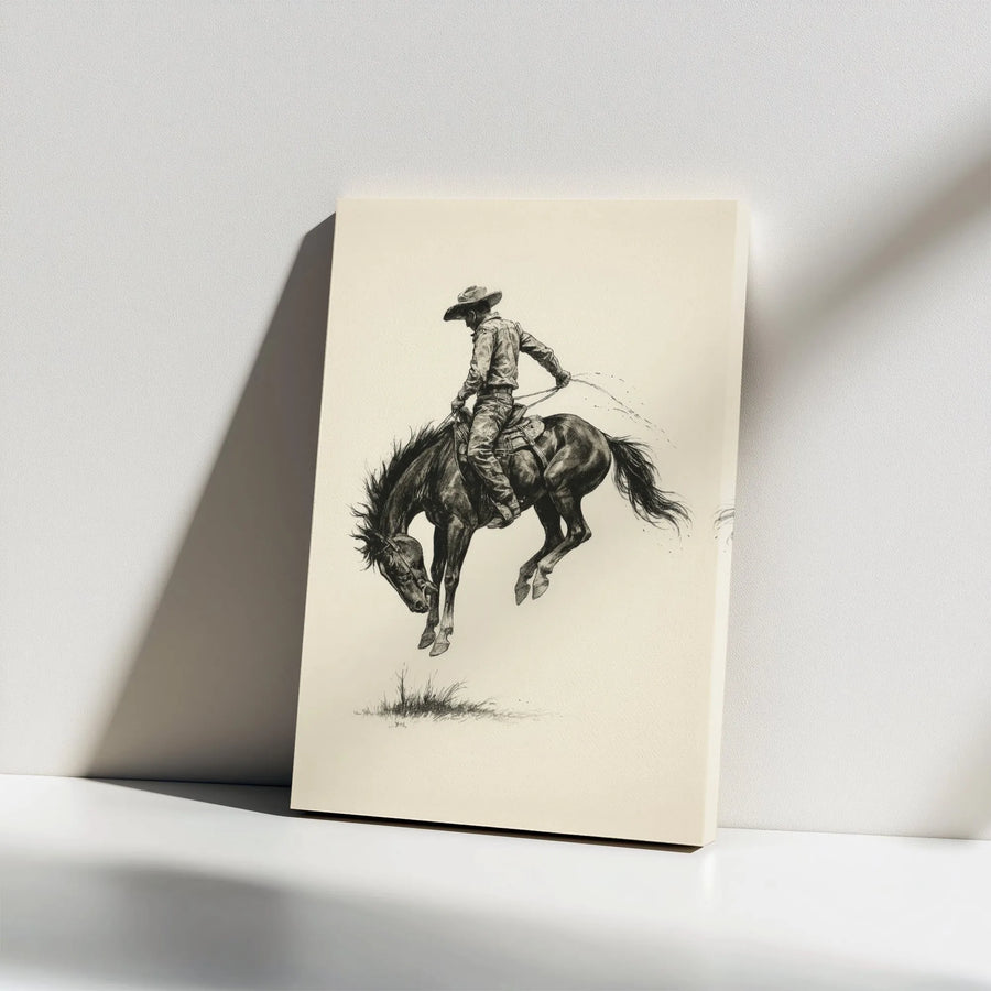 Western Cowboy Canvas Wall Art | Bucking Bronco Sketch | Premium Gallery Wrap Print | Rustic Farmhouse Decor for Men’s Office or Living Room