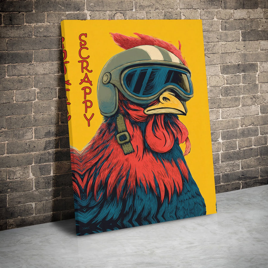 Scrappy Rooster Wall Art | Cool Chicken in Motorcycle Helmet Design | Gallery Wrap Premium Canvas | Unique Gift for Biker Home Decor