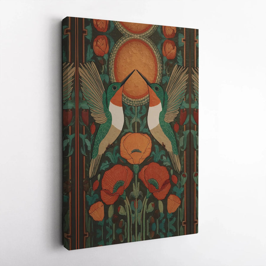 Art Nouveau Hummingbird Wall Art | Symmetrical Poppy Floral Canvas Print | Premium Gallery-Wrapped Decor | Nature-Inspired Home Gift