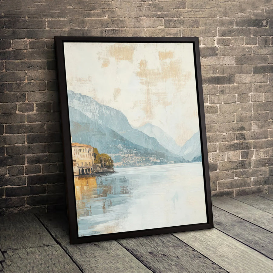 Lakeside Mountain Landscape Canvas Print | Mediterranean Coastal Town Wall Art | Gallery Wrapped Premium Decor | Aesthetic Gift For Home Office