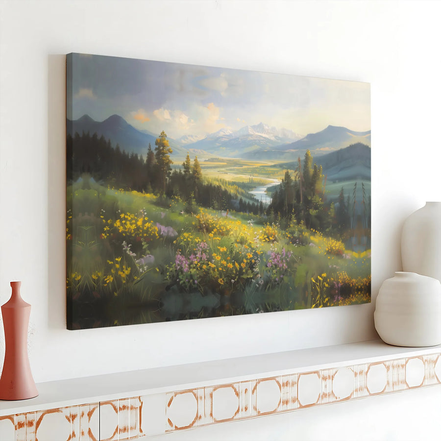 Mountain Landscape Canvas Wall Art | Wildflower Meadow River Painting | Gallery Wrapped Premium Print | Nature Home Decor Gift For Nature Lovers