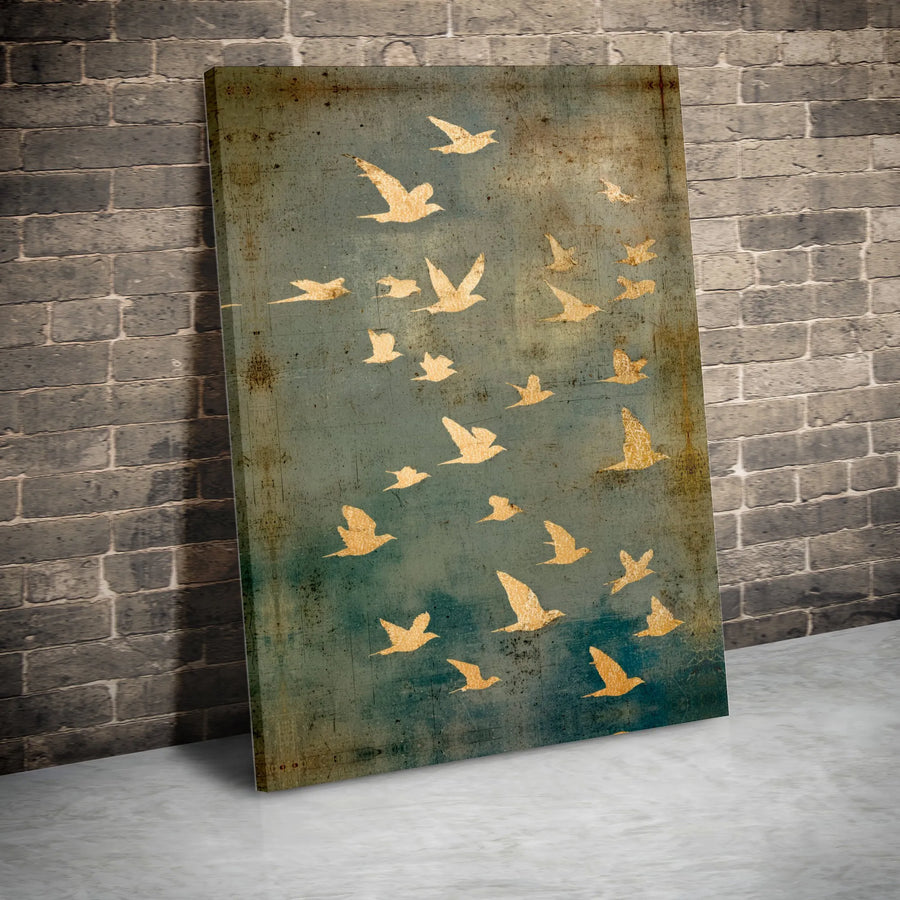 Golden Birds Wall Art | Abstract Flock Flight Print | 1.25 Inch Premium Gallery Canvas | Nature Inspired Living Room Home Decor