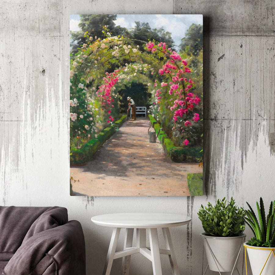 Vintage Garden Vertical Canvas | Impressionist Rose Archway Painting | Premium Frameless Wall Art | Cottagecore Home Decor Gift