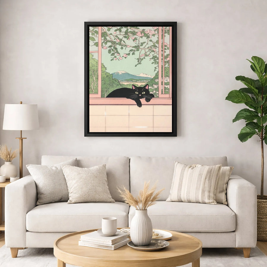 Black Cat Wall Art | Japanese Ukiyo-E Style Mount Fuji Landscape | Premium 1.25" Gallery Canvas | Aesthetic Home Decor Gift for Cat Lovers