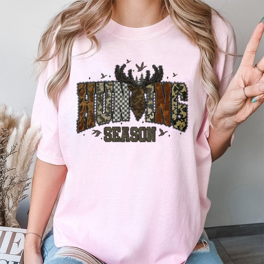 Hunting Season T-Shirt | Camo Deer Antler Graphic | 100% Cotton Premium Tee | Outdoors Gift for Hunters Men and Women