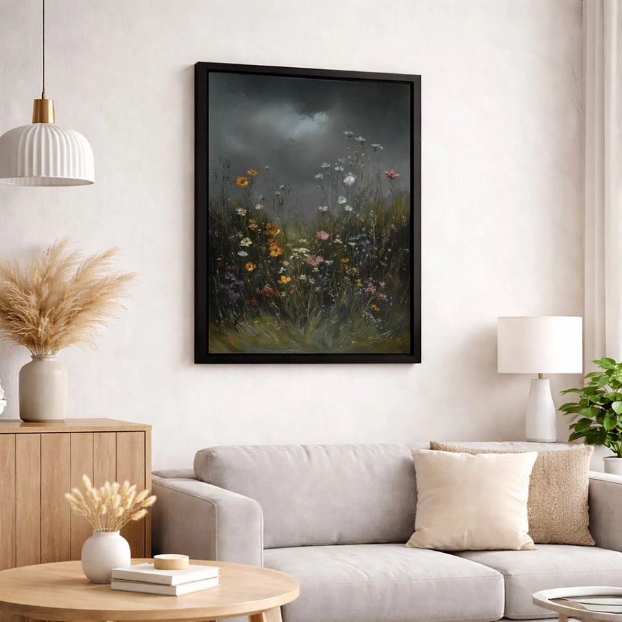 Moody Wildflower Meadow Canvas Art | Stormy Sky Botanical Oil Painting | 1.25-Inch Premium Gallery Profile | Dark Floral Wall Decor for Home