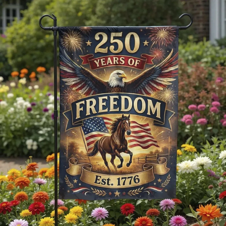 Patriotic 250 Years of Freedom Garden Flag | American Eagle & Running Horse Double-Sided Design | Premium Weather-Resistant Polyester | 4th of July & Independence Day Outdoor Decor Gift