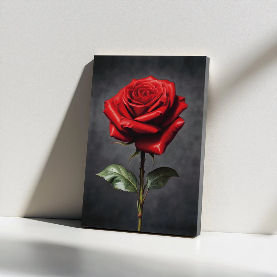 Red Rose Canvas Wall Art | Realistic Single Flower Painting | Premium 1.25" Gallery Wrap | Romantic Botanical Decor Gift for Her