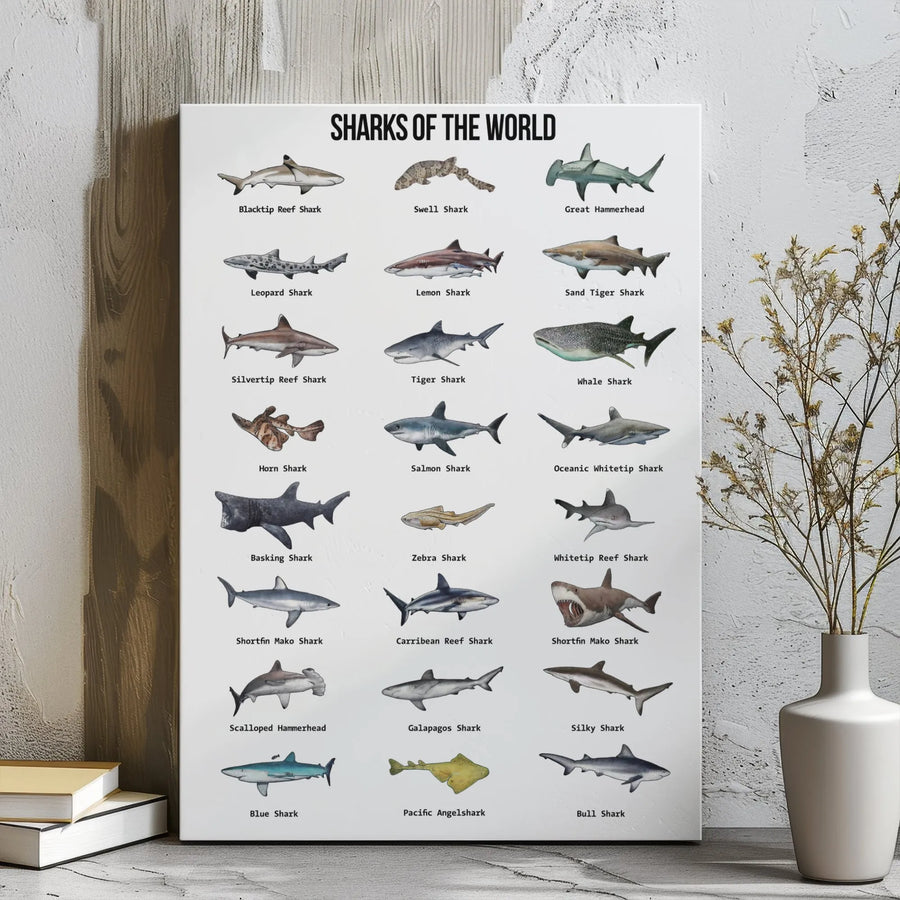 Sharks Of The World Canvas Print | Educational Shark Identification Poster | Premium Gallery Wrapped Decor | Gift For Marine Biology Lovers
