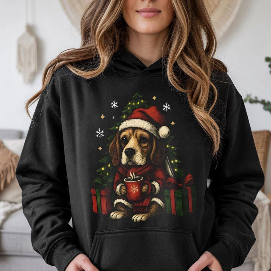Beagle Christmas Hoodie | Cute Santa Hat Puppy Graphic | Premium Cotton Blend Pullover | Holiday Gift For Dog Lovers