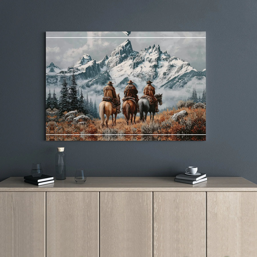 Western Cowboy Canvas Art | Three Riders in Snow-Capped Mountains | Premium Gallery Wrap | Rustic Lodge & Ranch Home Decor Wall Art