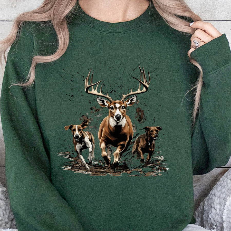Hunting Sweatshirt | Running Buck and Hound Dogs Graphic | Premium Cotton Blend | Gift for Hunter and Wildlife Lover
