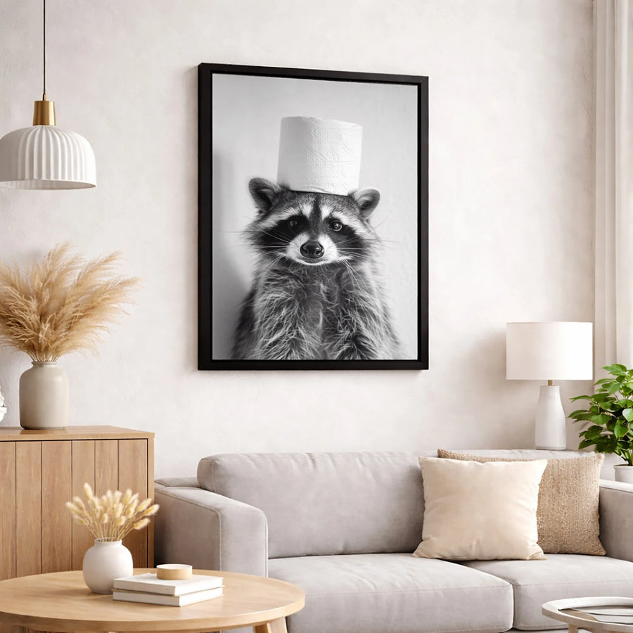 Raccoon Wall Art | Funny Toilet Paper Hat Animal Portrait | Premium Gallery Wrapped Canvas | Bathroom Decor Gift for Animal Lovers