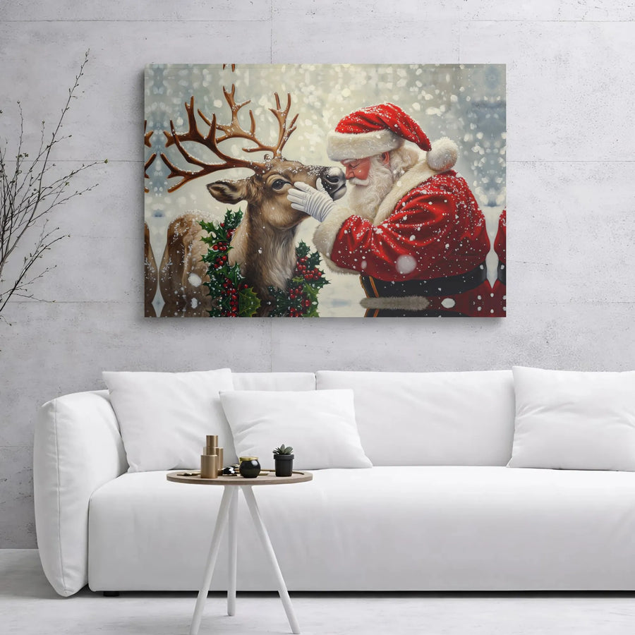 Santa And Reindeer Canvas Print | Magical Snowy Christmas Wall Art | Premium Gallery Wrap Decor | Festive Holiday Home Gift