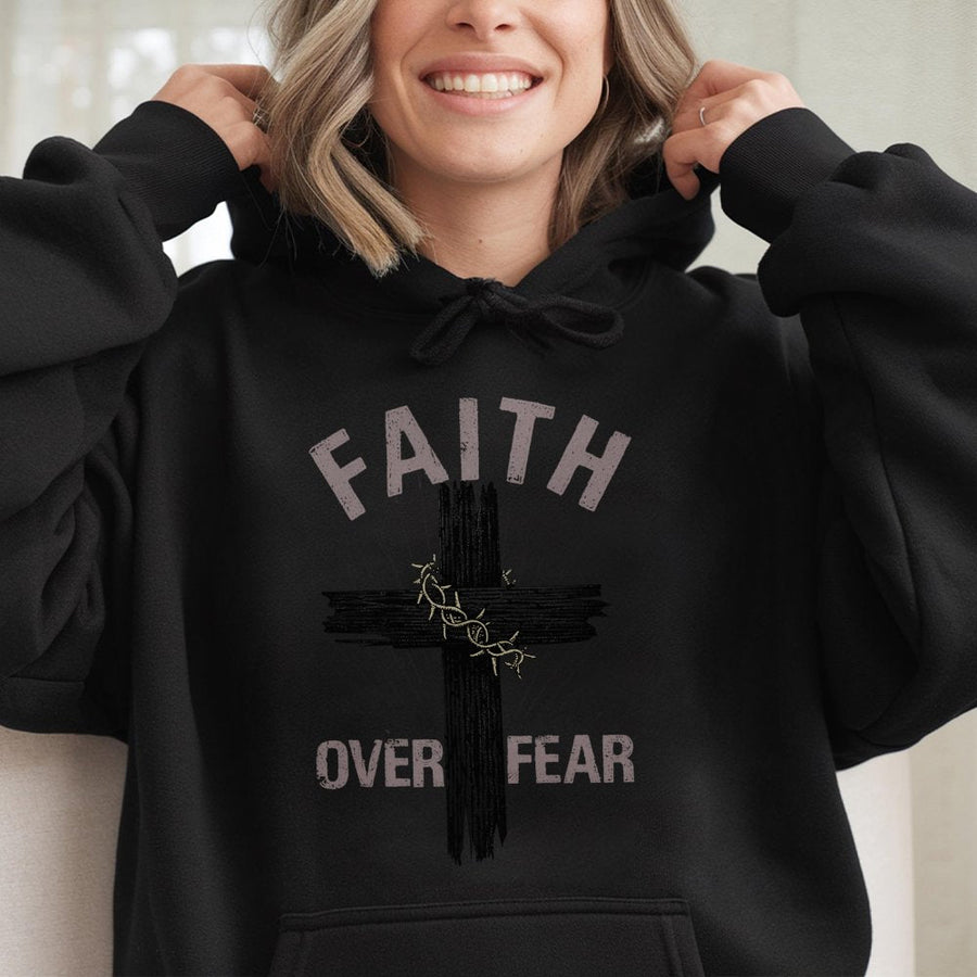 Faith Over Fear Hoodie | Religious Cross Graphic with Crown of Thorns | Premium Cotton-Blend | Inspirational Christian Gift for Men and Women