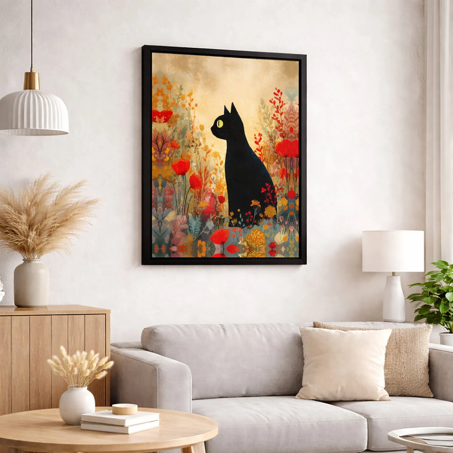 Black Cat Wall Art | Whimsical Wildflower Field Canvas Print | Premium Gallery Wrapped Decor | Gift for Cat Lovers & Nature Enthusiasts