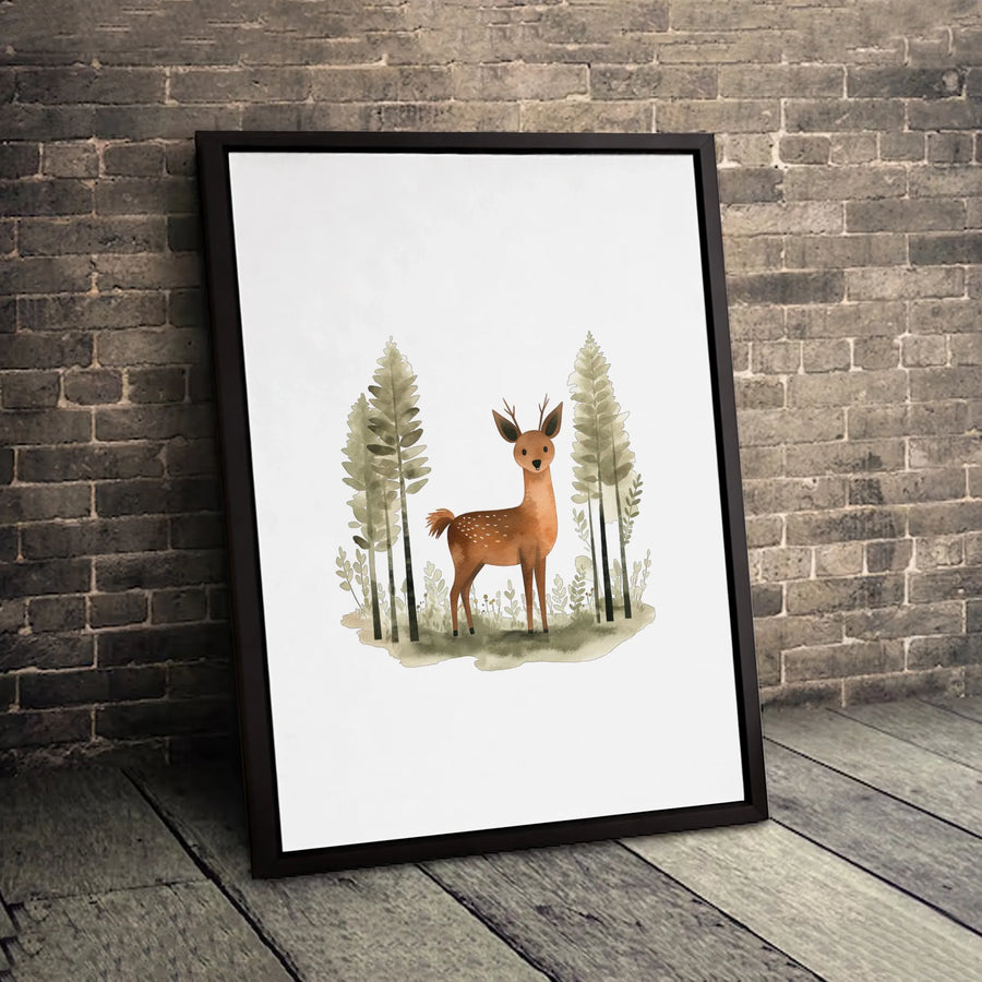 Watercolor Woodland Deer Canvas | Cute Forest Animal Nursery Art | Premium Gallery-Wrapped Print | Minimalist Wildlife Decor for Kids Room