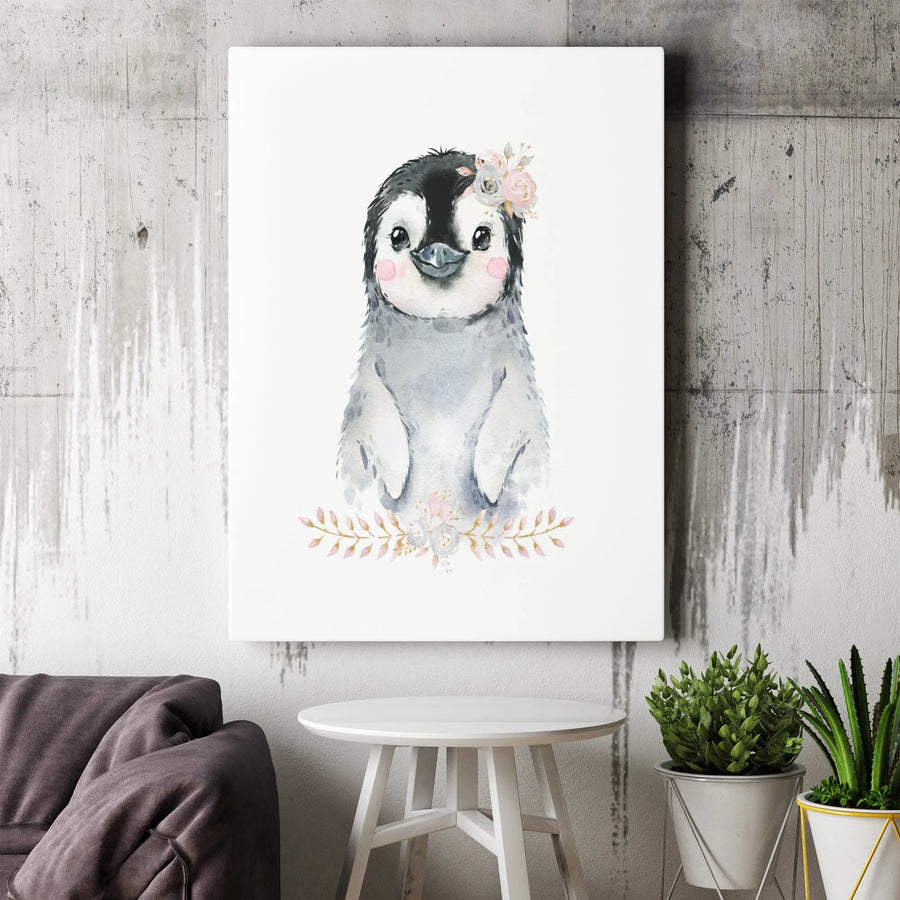Baby Penguin Canvas Wall Art | Watercolor Floral Crown Animal Portrait | Premium 1.25-Inch Gallery Wrap | Nursery & Childrens Room Decor