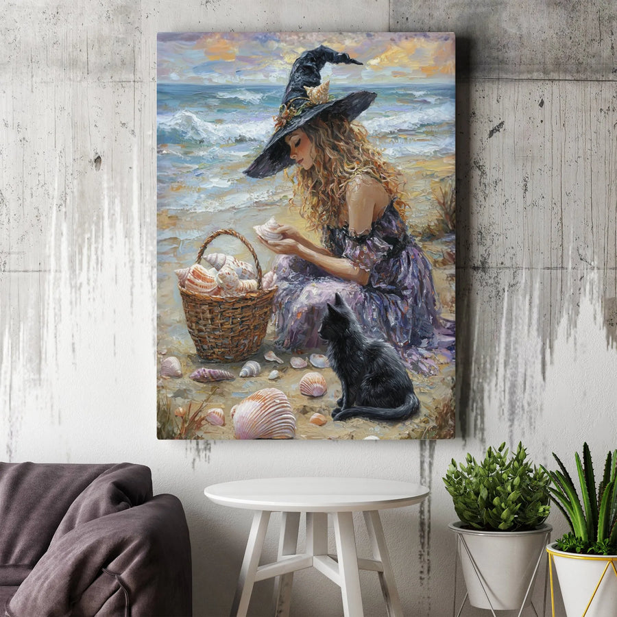 Beach Witch Canvas Wall Art | Impressionist Painting Print with Black Cat | Premium Gallery Wrap Canvas | Whimsical Wiccan Home Decor Gift