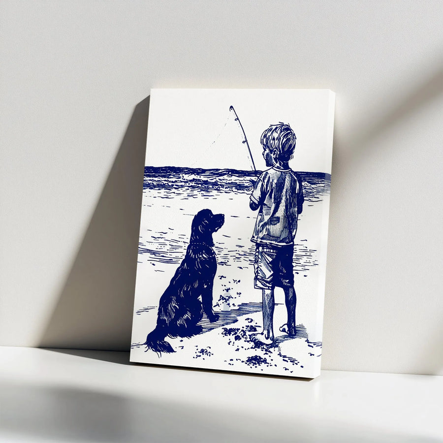 Boy and Dog Fishing Canvas Wall Art | Minimalist Seaside Sketch | 1.25" Thick Gallery Canvas | Gift for Dad, Fisherman Coastal Decor