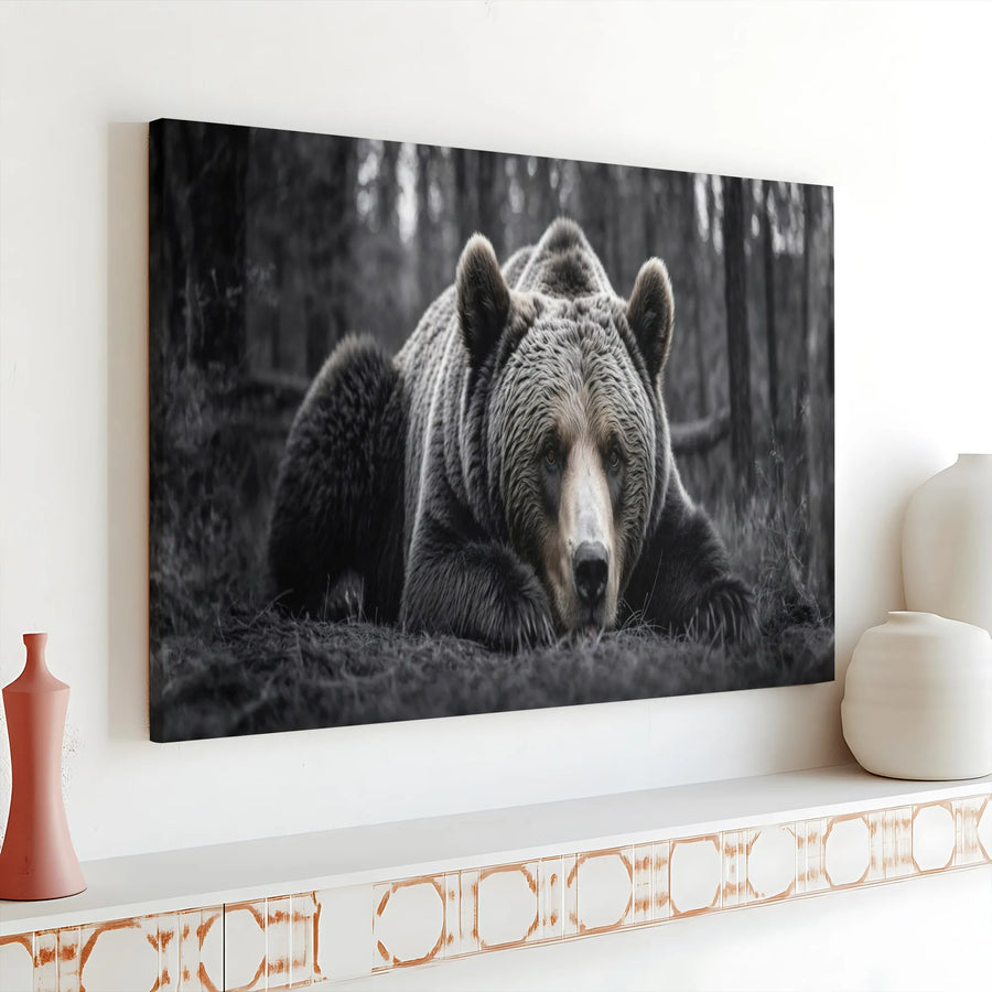 Grizzly Bear Canvas Wall Art | Monochrome Wildlife Photography | Premium Gallery Wrapped Canvas | Rustic Cabin Decor Gift for Nature Lovers