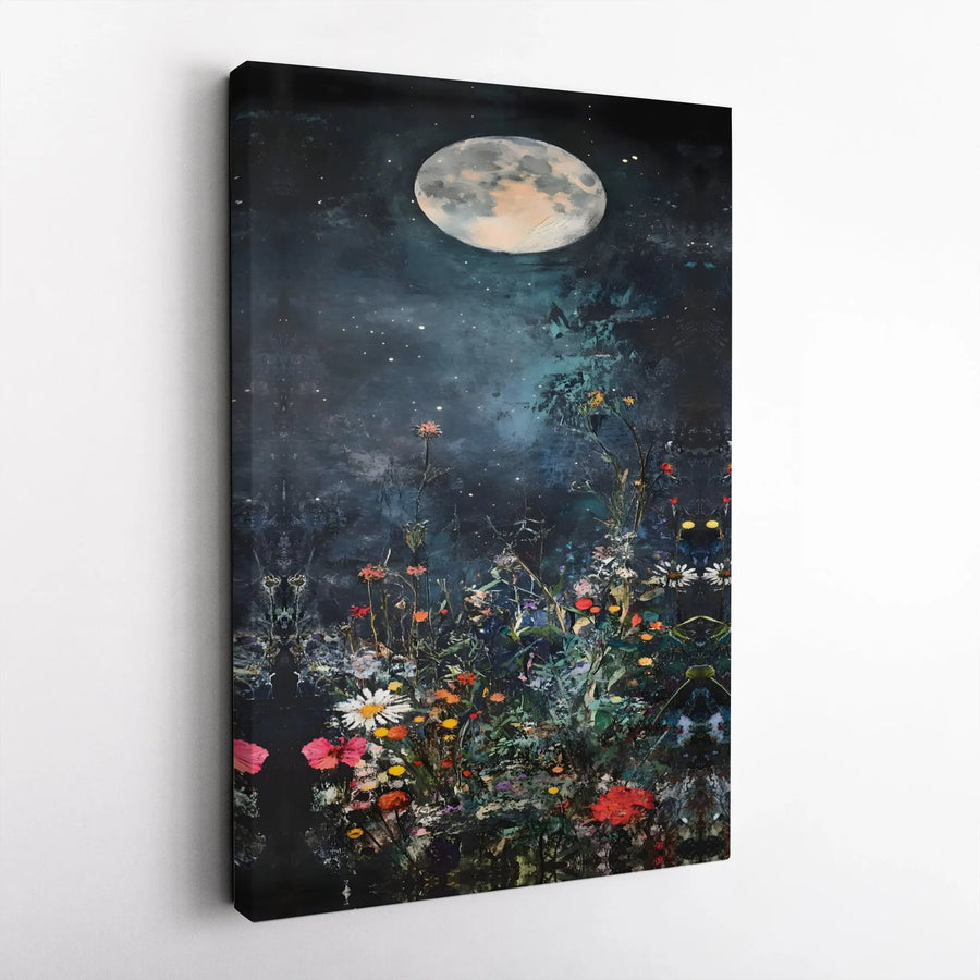 Wildflower Moon Canvas Wall Art | Dark Botanical Night Sky Print | Premium Gallery Wrapped Decor | Moody Floral Nature Gift For Her
