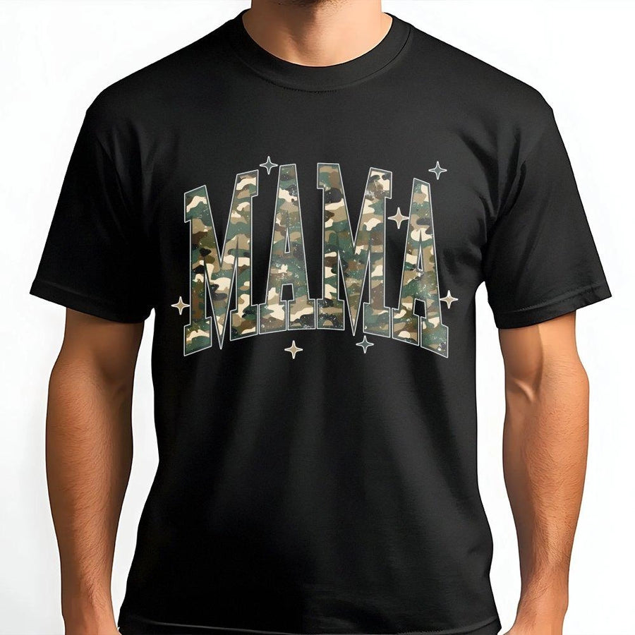 Camo Mama T-Shirt | Distressed Army Print Lettering With Stars | Premium 100% Cotton Tee | Trendy Mother's Day 2026 Gift For New Moms And Wife
