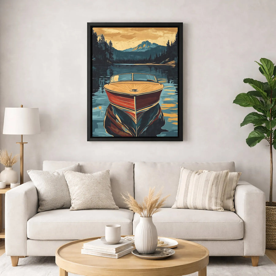 Vintage Wooden Boat Canvas Print | Mountain Lake Sunset Wall Art | Premium 1.25-Inch Gallery Wrap | Rustic Nautical Home Decor Gift