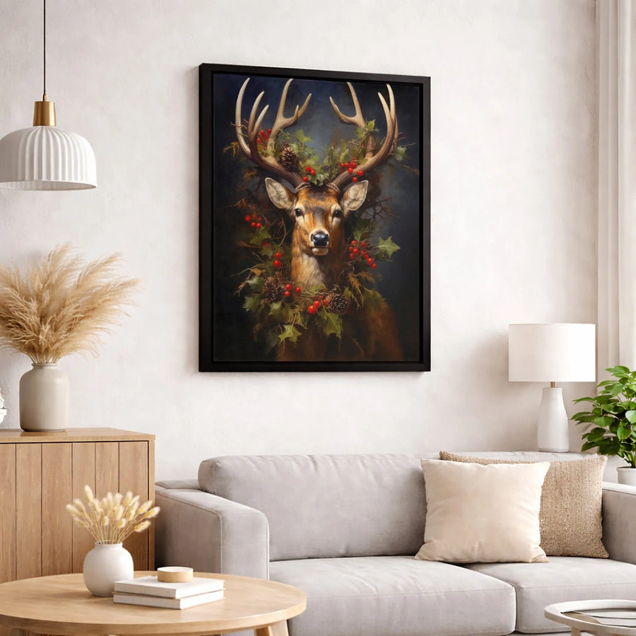 Christmas Stag Canvas Wall Art | Festive Deer With Holly Berry Wreath | 1.25-Inch Gallery-Quality Profile | Rustic Holiday Decor For Living Room