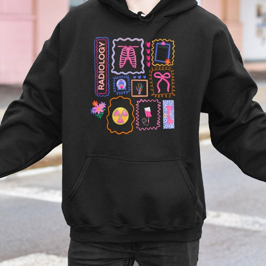 Radiology Technician Hoodie | Cute Colorful Medical Graphic Art | Premium Cotton Blend Pullover | Gift for X-Ray Techs and Radiologists
