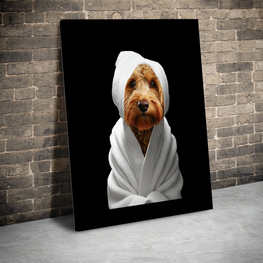 Cockapoo Dog in Bathrobe Canvas Wall Art | Funny Pet Portrait | Premium Gallery Wrapped Print | Unique Dog Lover Gift for Bathroom Decor