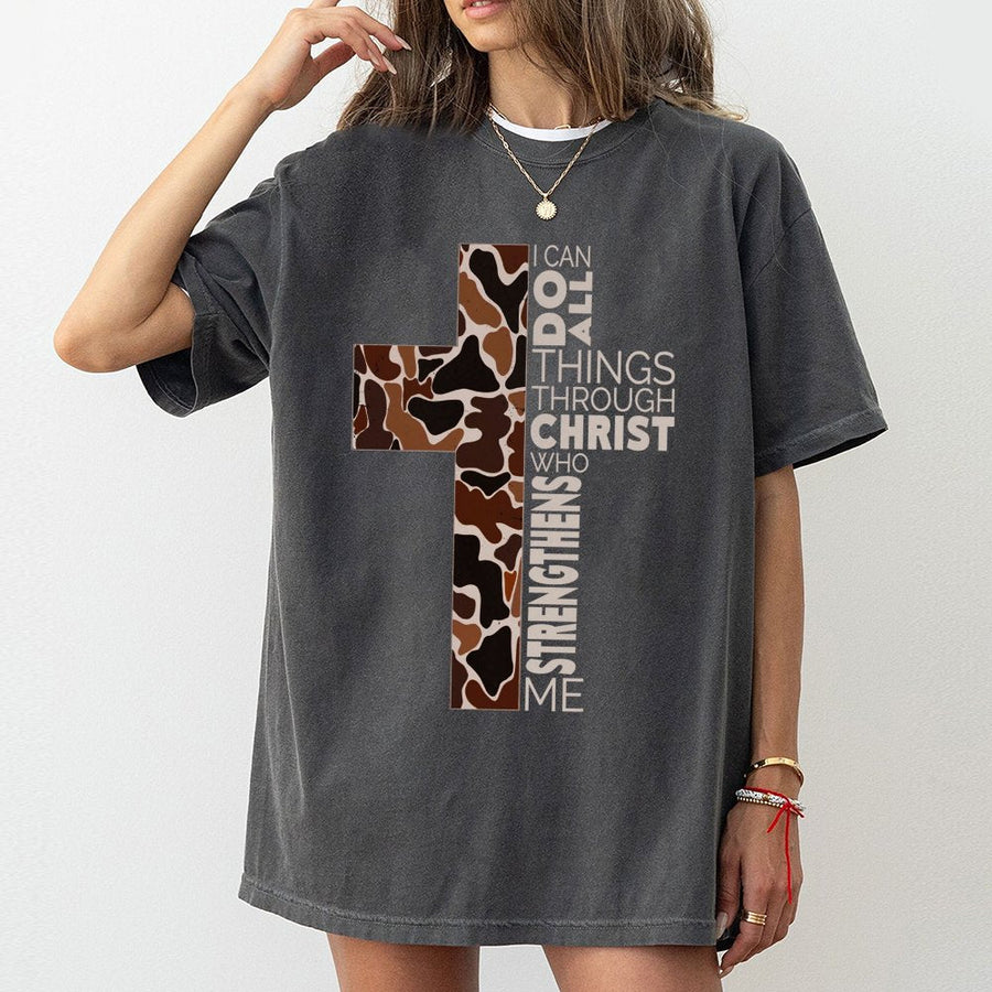 I Can Do All Things Through Christ T-Shirt | Camo Cross Bible Verse Graphic Tee | Premium 100% Cotton | Inspirational Religious Christian Gift