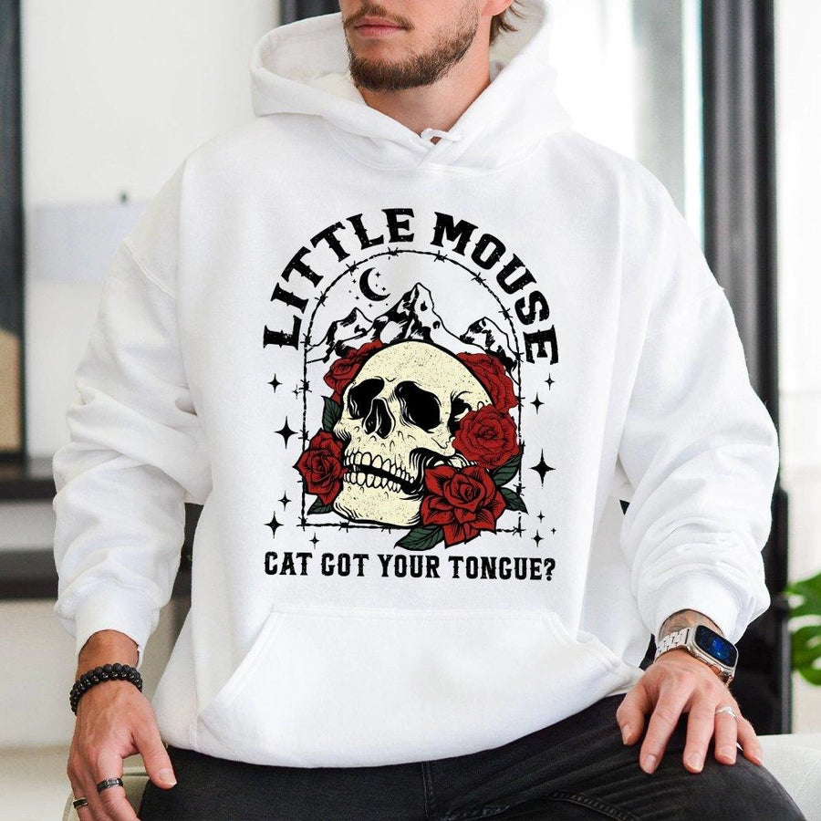 Gothic Skull Hoodie | Little Mouse Cat Got Your Tongue Graphic | Premium Cotton Blend Unisex Pullover | Dark Romance Book Lover Gift