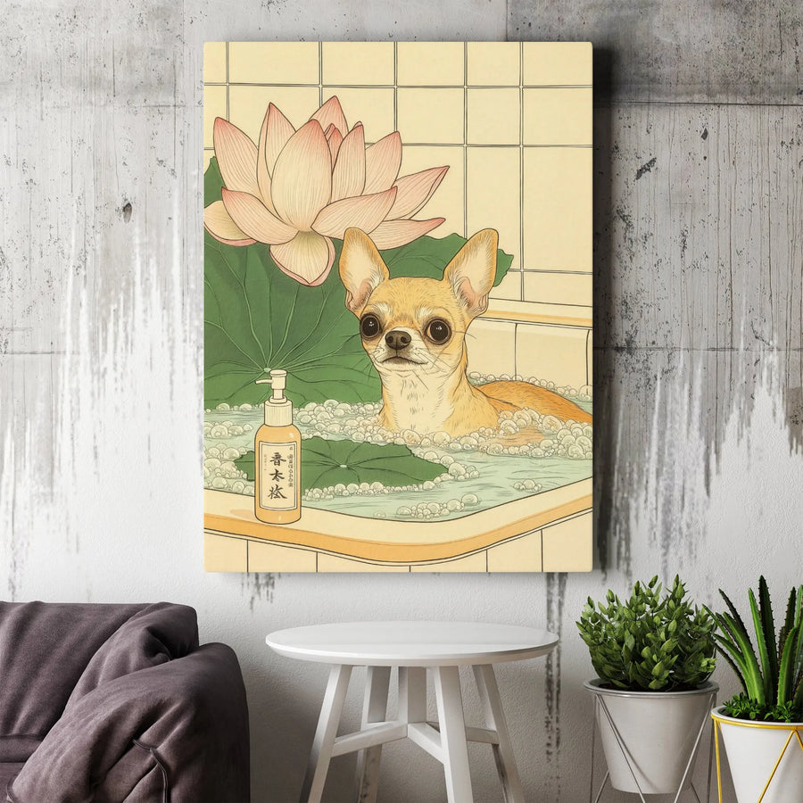Chihuahua Bubble Bath Wall Art | Japanese Ukiyo-E Lotus Design | Premium Fade-Resistant Canvas | Unique Dog Lover Gift Home Decor