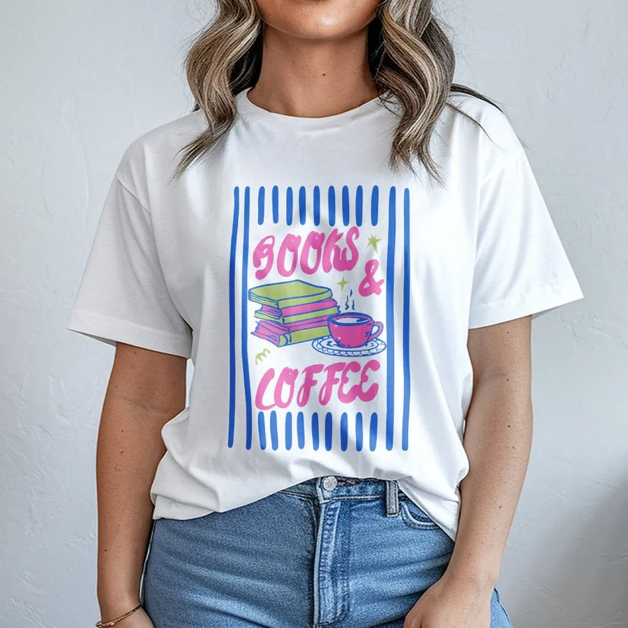 Retro Books and Coffee T-Shirt | Graphic Tee for Bookworms | Premium Soft Cotton | Book Lover and Reader Gift