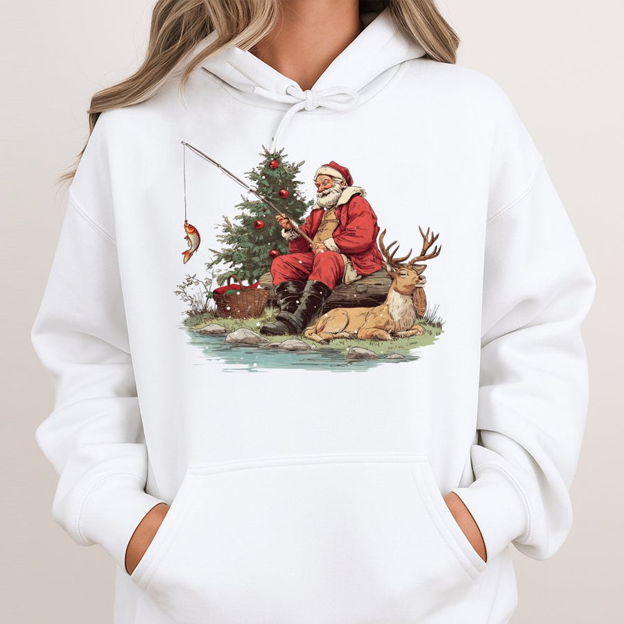Fishing Santa Christmas Hoodie | Vintage Outdoors Holiday Graphic | Premium Cotton Blend | Funny Gift For Fisherman And Dad